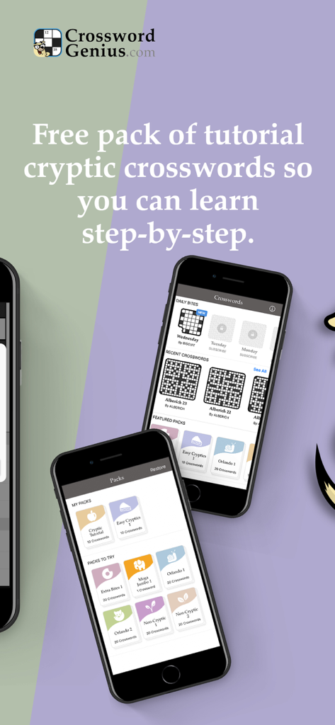 Crossword Genius - Two iPhones displaying Crossword Genius tutorial packs and daily cryptic puzzles.