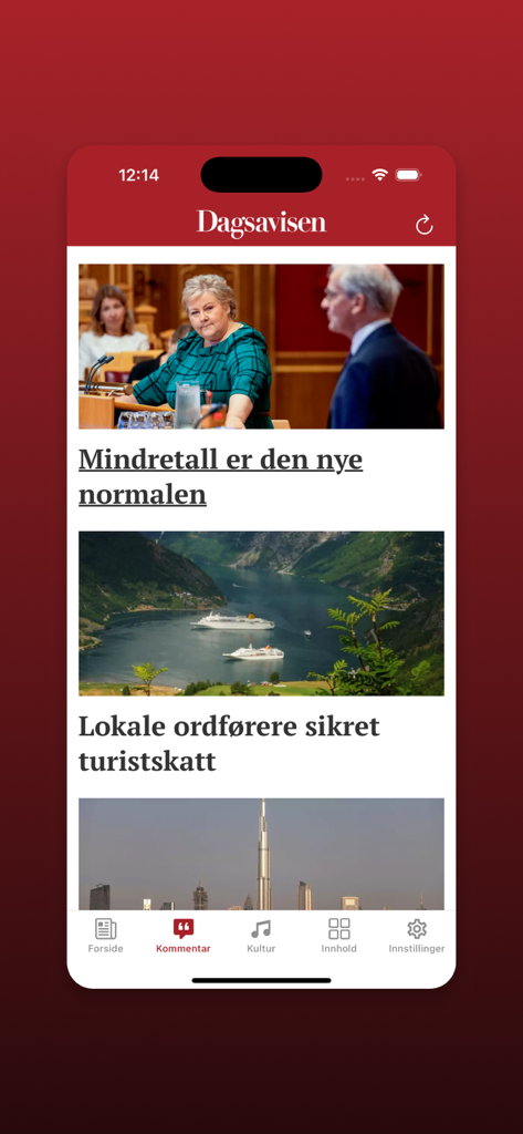 Dagsavisen mobile app interface showing a news feed with articles about Norwegian politics and society.