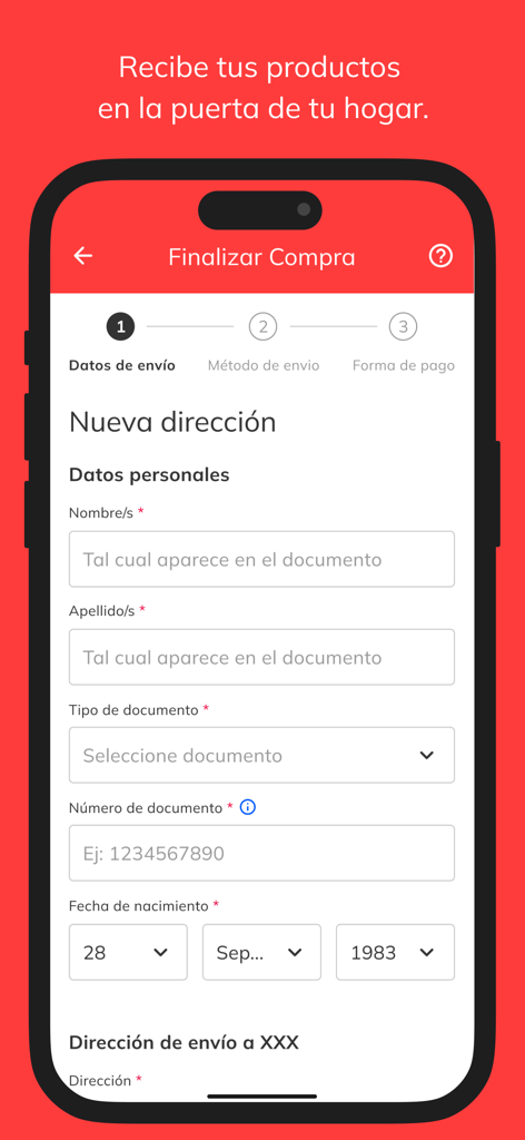 Tiendamia mobile app checkout screen showing the shipping information form for international delivery