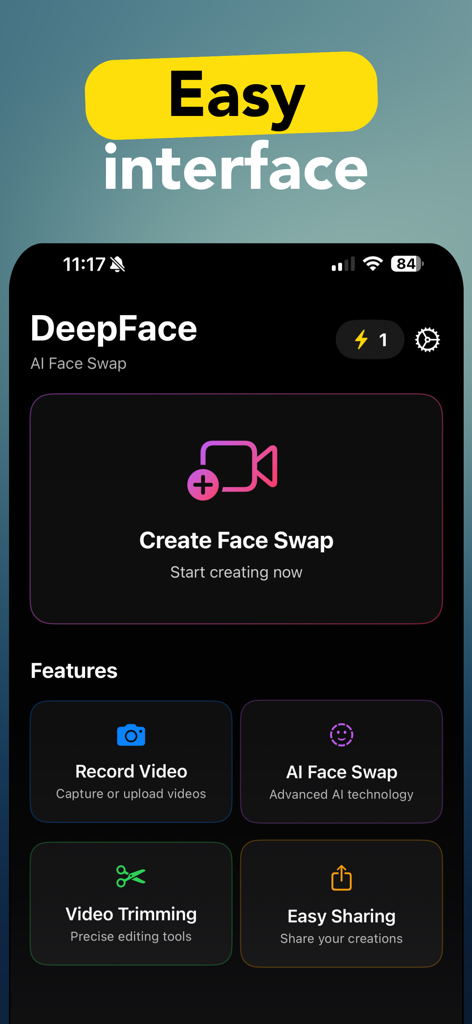 Face Swap - DeepFace AI - Pantalla principal de la aplicación DeepFace AI mostrando la interfaz fácil con opciones para crear intercambios de caras, grabar video y recortar contenido.