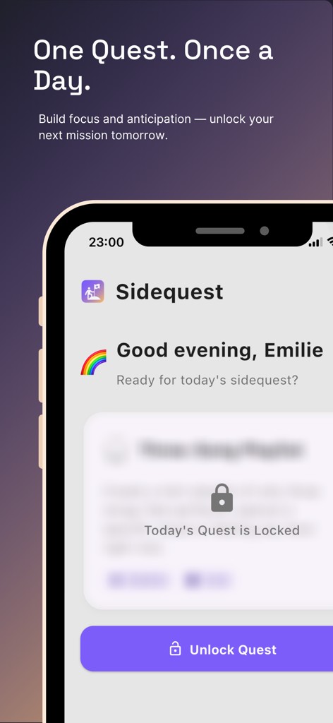 Sidequest Daily - Pantalla de la aplicación Sidequest Daily que muestra una misión bloqueada con un botón de desbloqueo
