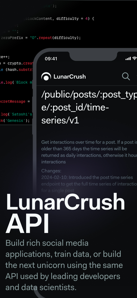 LunarCrush API screen showing social media data endpoints for developers and data scientists