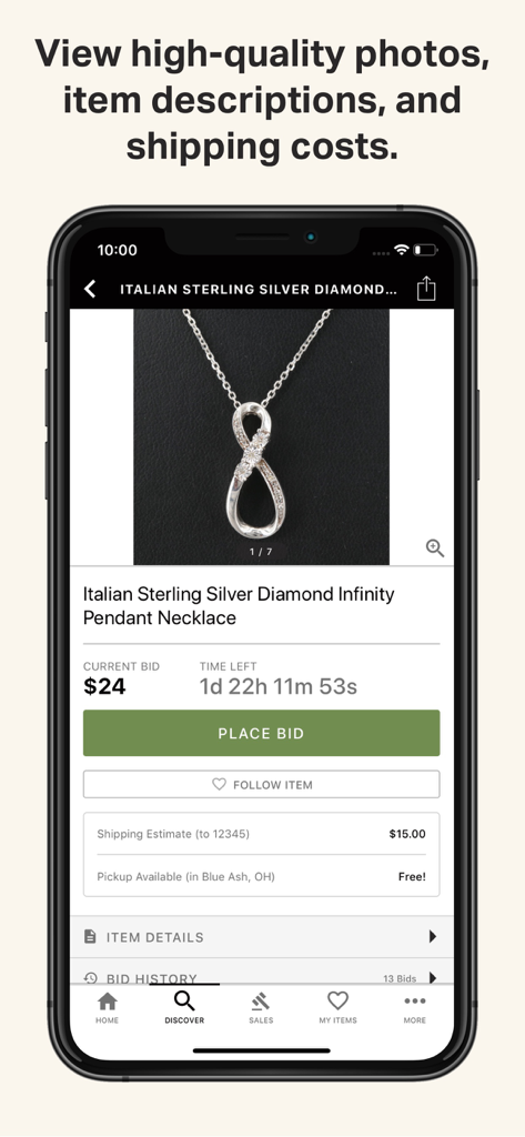 EBTH mobile app interface showing an auction for a sterling silver necklace with bidding and shipping details
