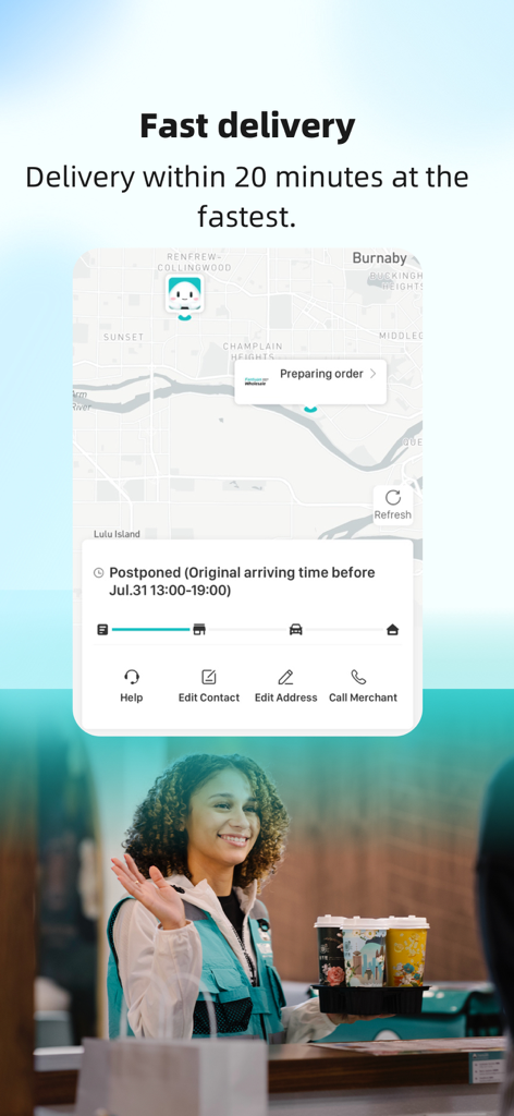 Screenshot of Fantuan Delivery app showing real-time order tracking and fast delivery service