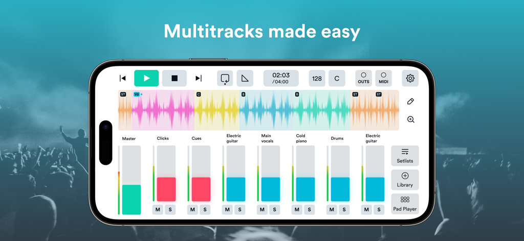 Prime MultiTrack App - Smartphone screen displaying the Prime MultiTrack App mixer with audio waveforms and volume controls