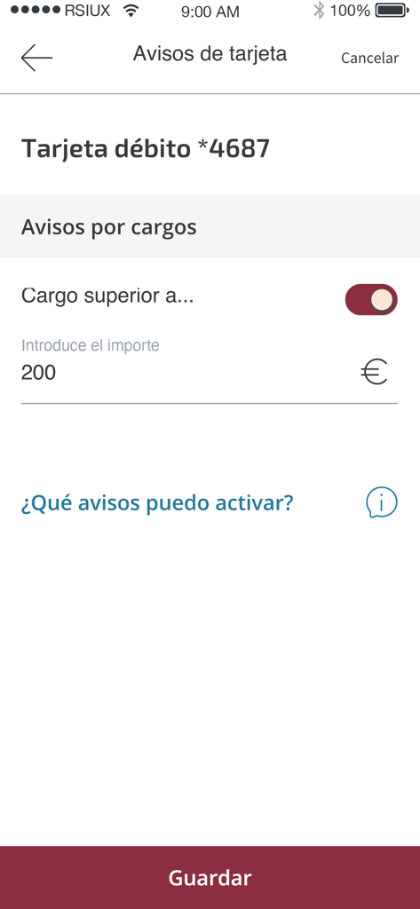 Renta 4 Pay - Interfaz de la aplicación Renta 4 Pay que muestra la configuración de alertas de tarjeta de débito para cargos superiores a 200 Euros