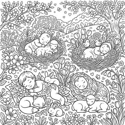 Drift into a world of gentle spring dreams with this heartwarming coloring page, featuring peaceful sleeping babies nestled among adorable woodland creatures. It's a perfect scene of tranquility, inviting you to add vibrant colors to blooming flowers and resting friends.