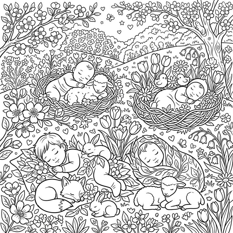 Drift into a world of gentle spring dreams with this heartwarming coloring page, featuring peaceful sleeping babies nestled among adorable woodland creatures. It's a perfect scene of tranquility, inviting you to add vibrant colors to blooming flowers and resting friends.