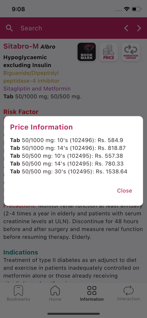 PharmaGuide - PharmaGuide mobile app showing medication price information for Sitabro-M