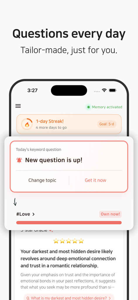 Heuton: self-reflect with AI - Heuton app interface displaying a notification for a tailor-made daily self-reflection question
