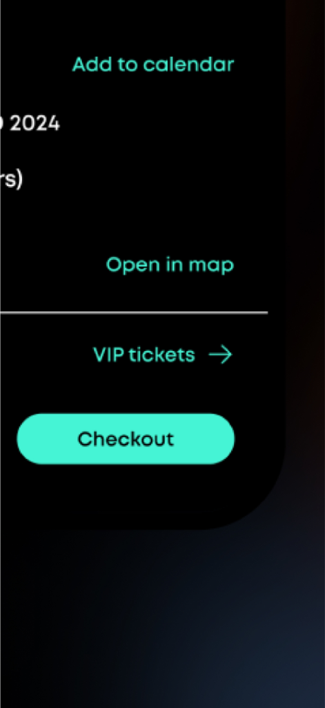Frisson Events - Mobile app screen for Frisson Events showing checkout and VIP ticket options.