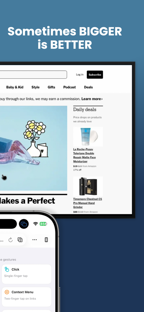 AirWeb - TV Web Browser - Die AirWeb-App zeigt eine Einkaufswebsite auf einem Fernsehbildschirm an, der mit einem iPhone-Trackpad gesteuert wird.