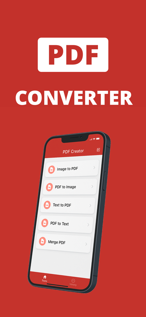 PDF変換・作成アプリのメインメニューが表示されたiPhone画面。PDFの結合や画像からPDFへの変換オプションがあります。
