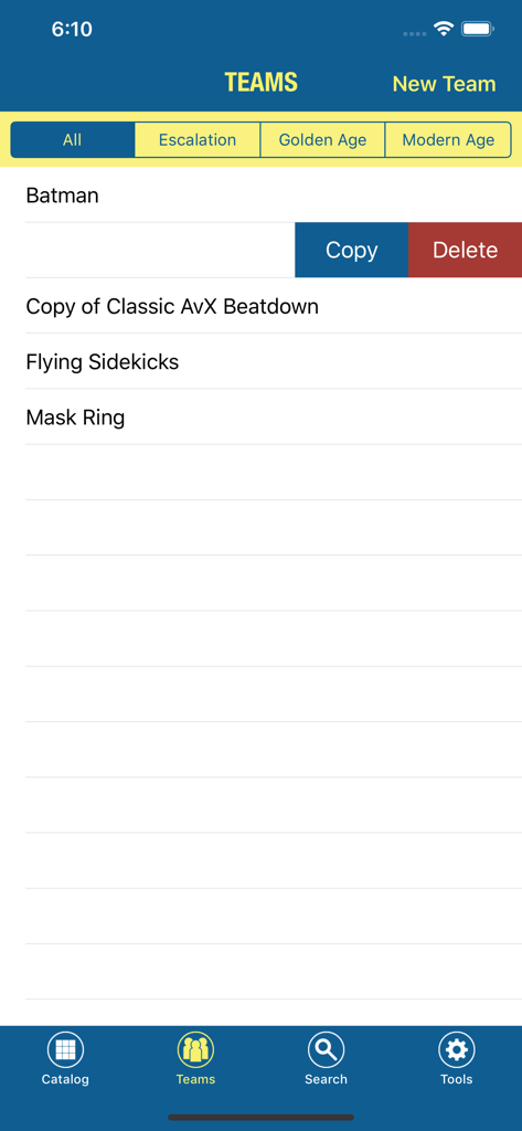 Sidekick for Dice Masters - The team management screen of the Sidekick for Dice Masters app displaying a list of custom teams and swipe actions for editing