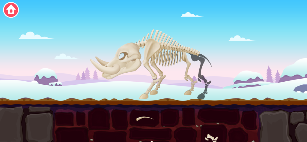 Un squelette de rhinocéros préhistorique en cours d'assemblage dans un paysage enneigé dans l'application éducative Dinosaur Park 2.