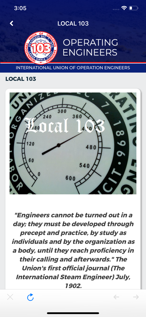 IUOE Local 103 app screen showing a historical quote about engineer proficiency and an engineering gauge graphic