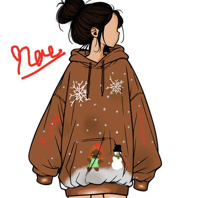realistic girl with a oversized sweatshirt on and a bun