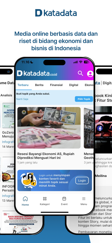 Katadata - The home screen of the Katadata app featuring Indonesian economic news and data journalism