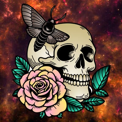skull with roses and death moth
