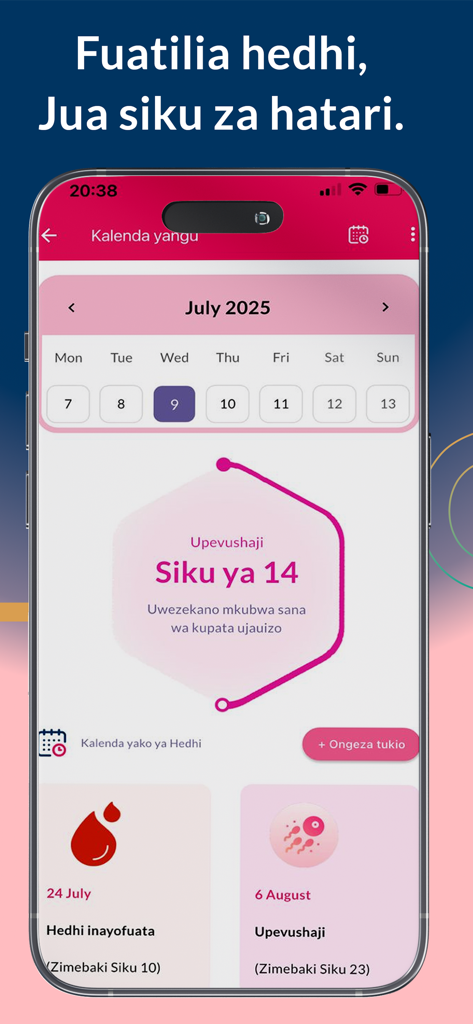 TanzMED - Afya Kiganjani - Interfaz de la aplicación TanzMED que muestra un calendario de ciclo menstrual y ovulación en suajili.