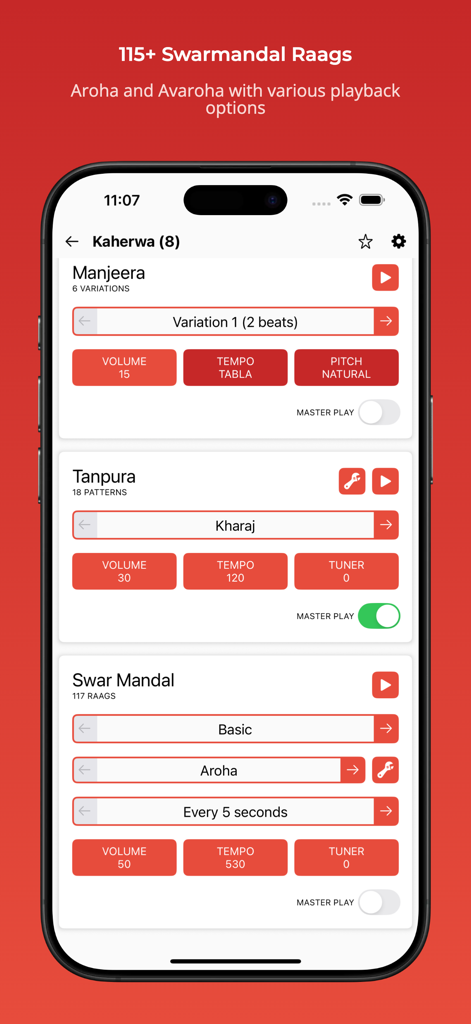 Interface for controlling Manjeera, Tanpura, and Swar Mandal settings in the Rhythm with Tabla and Tanpura app