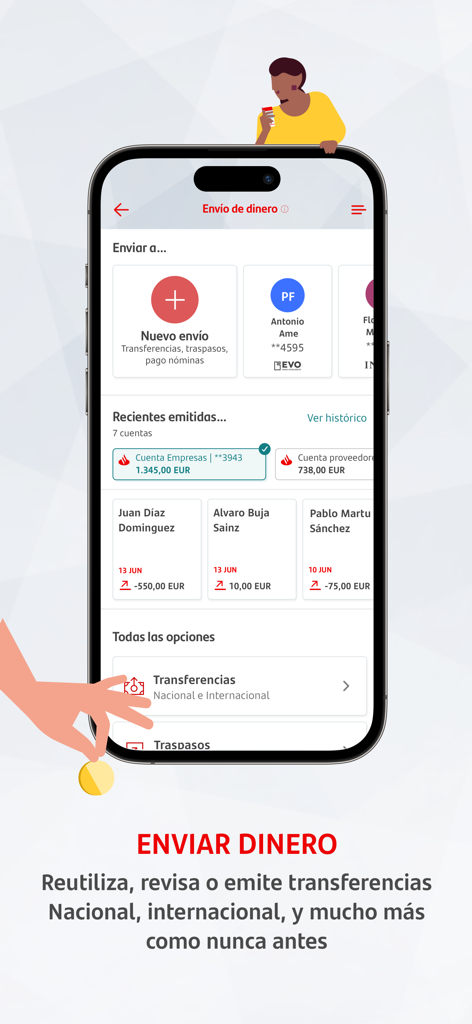 Interfaz de la aplicación móvil Santander Empresas para realizar transferencias de dinero nacionales e internacionales