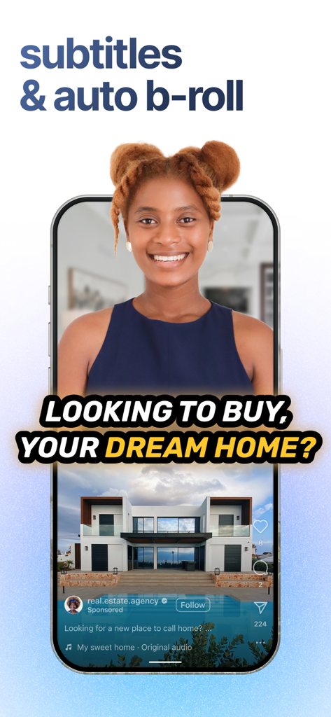 BIGVU Teleprompter Captions AI - Interfaz de la aplicación BIGVU que muestra subtítulos automáticos y visuales de apoyo para un video de marketing inmobiliario.