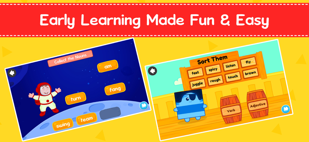 Learn ABC Songs & Kids Phonics - Screenshots of educational games for children showing noun collection in space and verb versus adjective sorting on a pirate ship.