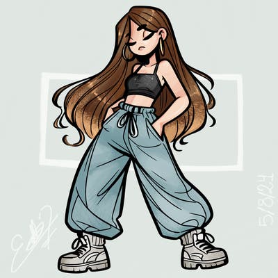 girl in baggy pants crop top and long hair