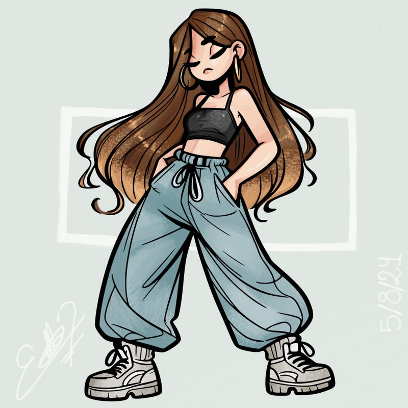 girl in baggy pants crop top and long hair