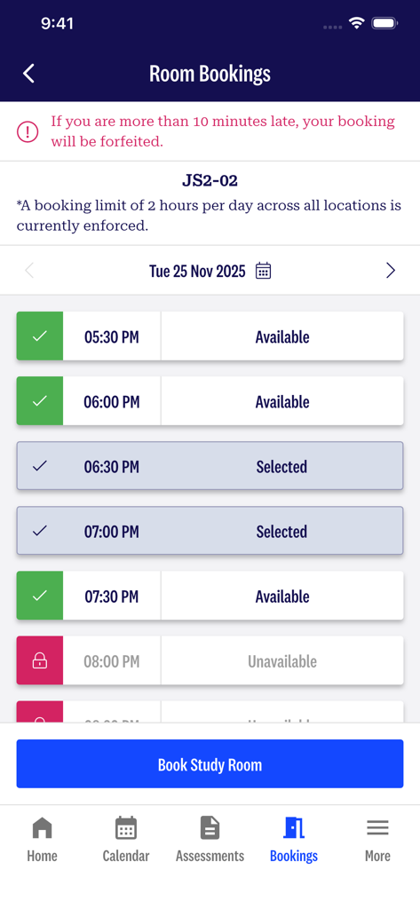 Mobile screen showing the room booking feature of the Adelaide University app with available time slots and a selection for study spaces.