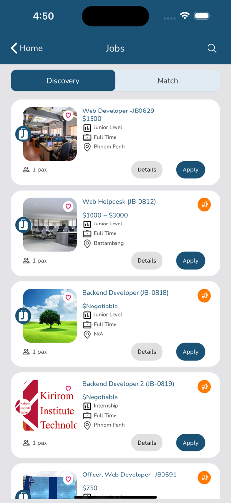 Mobile app interface displaying IT job opportunities including web and backend developer roles with application options.