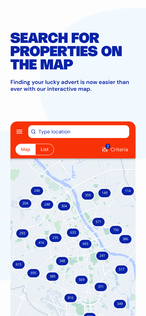 Gratka - Gratka app screen showing property search on an interactive map
