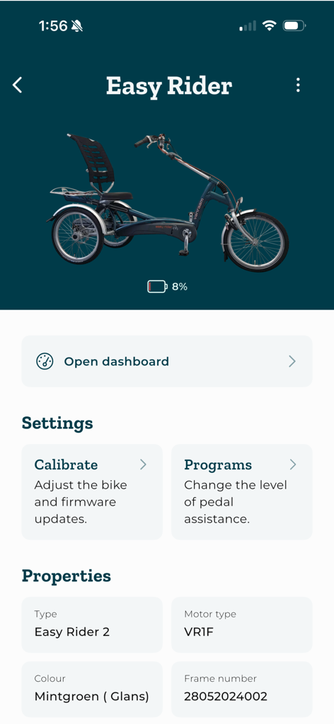 Interfaccia dell'app E-Bike Van Raam che mostra le impostazioni del triciclo Easy Rider e la percentuale della batteria