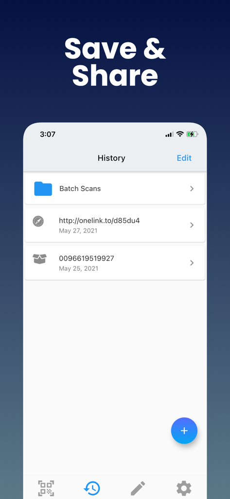 Scan history interface showing saved QR links and barcode data