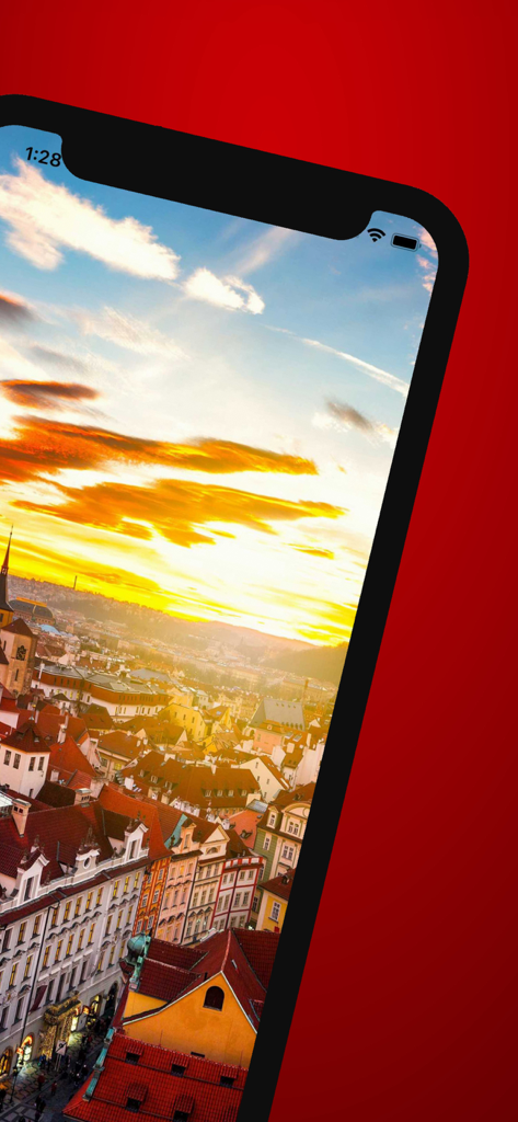 Prague Travel Guide . - 여행 가이드 앱 화면에 표시된 프라하 붉은 지붕의 아름다운 일몰 풍경