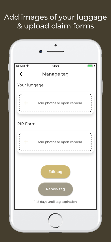 Trace Me app screen to upload luggage photos and claim forms