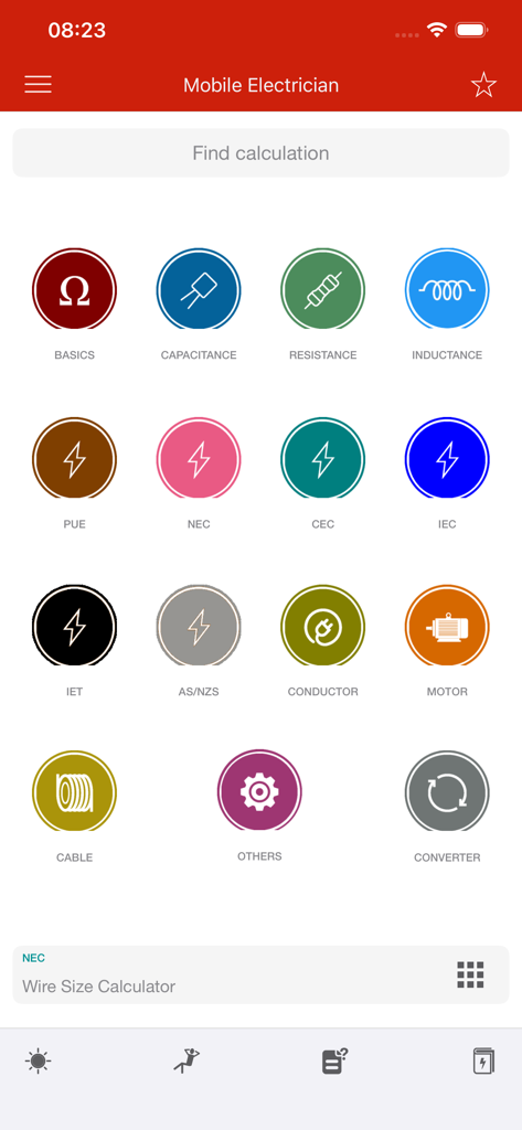 The main interface of Mobile Electrician app showing icons for electrical calculations and international standards like NEC