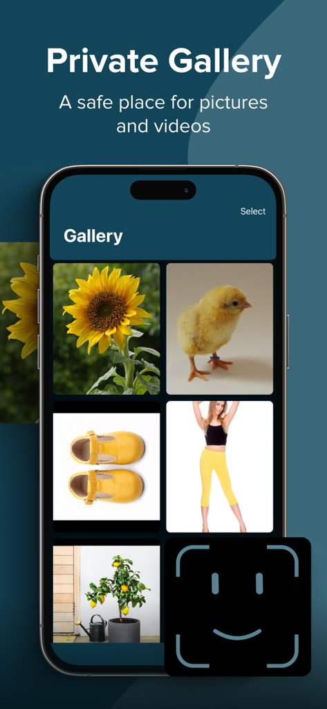 A screenshot of the Private Gallery interface in the Discreet app showing a secure photo grid with biometric unlock.