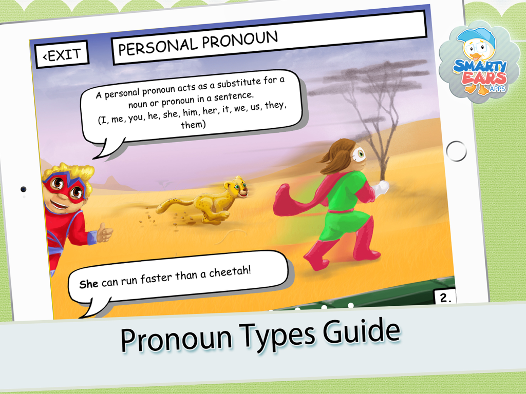 Pronoun Heroes - An educational guide screen from the Pronoun Heroes app explaining personal pronouns using a superhero character and a cheetah example.