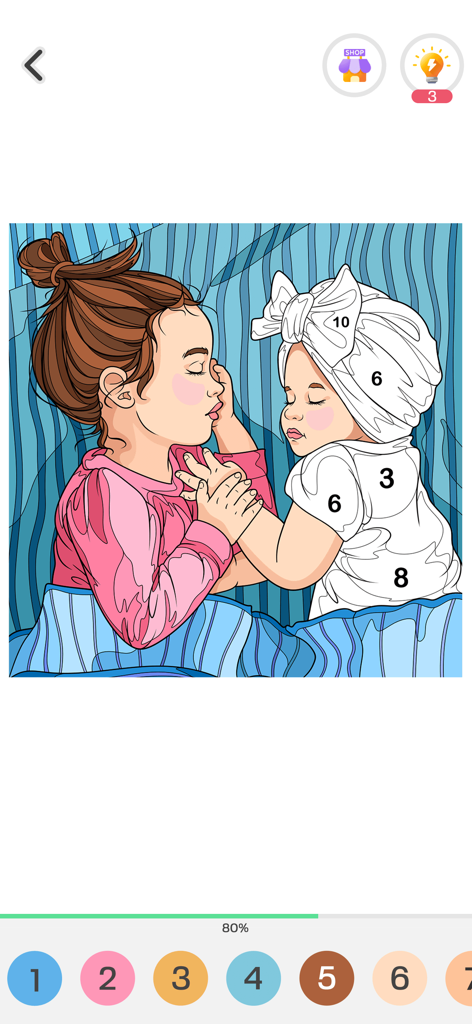 眠っている女の子と赤ちゃんの半色刷りイラストを特徴とする数による色塗りアプリインターフェース