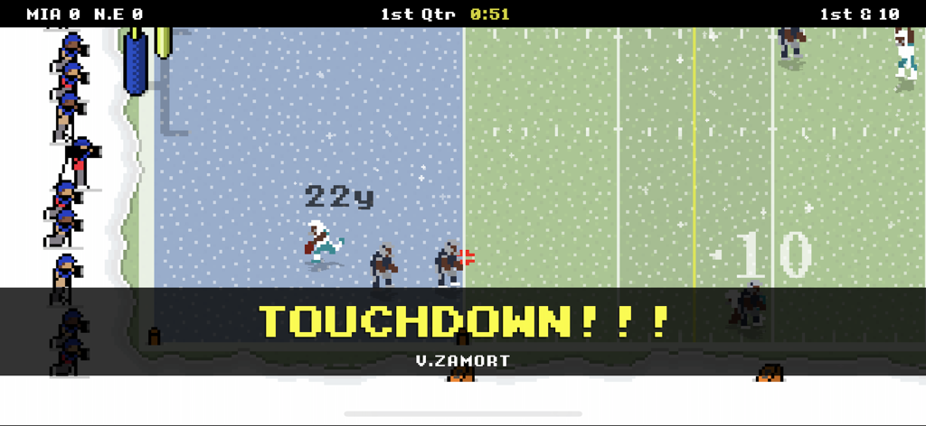 Retro Bowl - レトロボウル ゲームプレイ。ピクセル化された雪のフットボールフィールドでタッチダウンが決まる様子を示す。