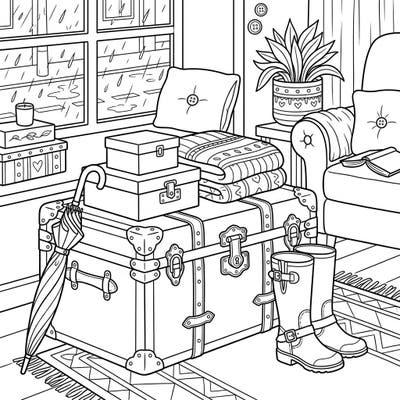 Curl up with this charming coloring page depicting a serene indoor setting on a rainy day, featuring stylish storage trunks overflowing with coziness. It's the perfect artistic escape for adults and teens seeking a peaceful creative outlet.