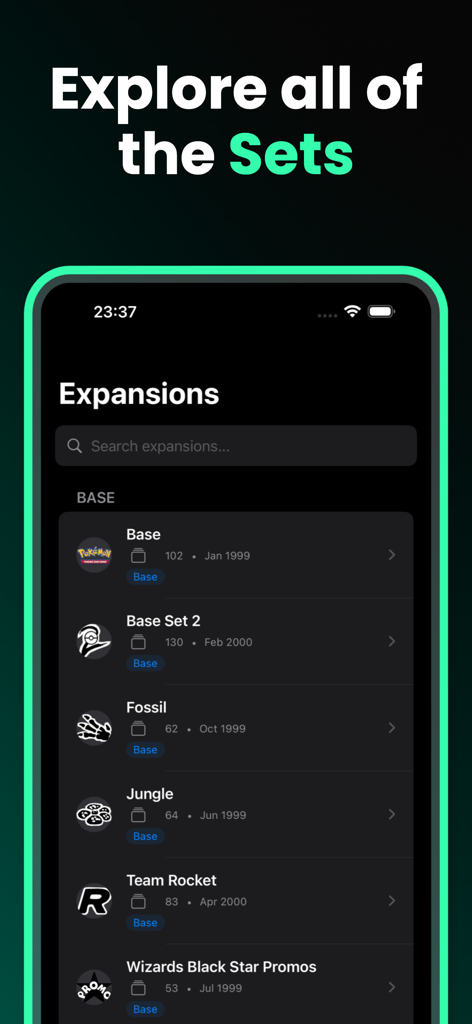 Card Scanner for Pokémon Dex - List of Pokemon TCG expansions including Base Set Fossil and Jungle within the app
