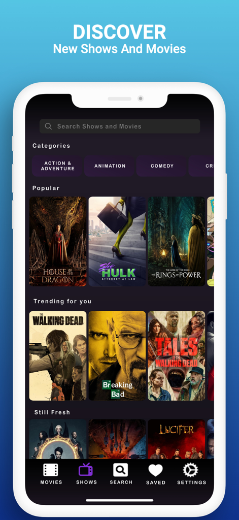 Mobile interface of the Flixtor app showing trending movies and TV series categories