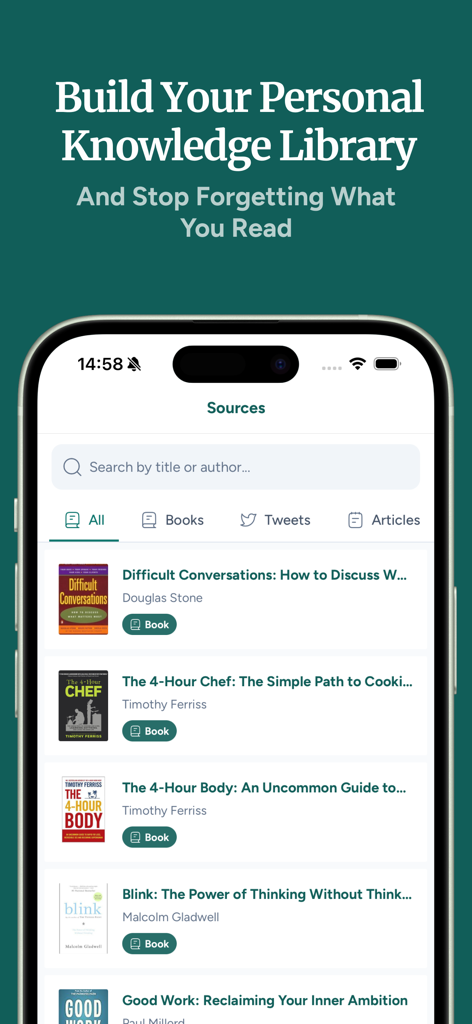 Screvi: Read & Highlight - Screvi app interface showing the sources section with a collection of books