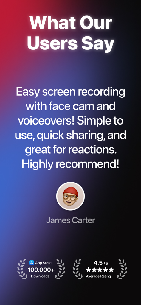 User testimonial for Screen Recorder HQ app with a 4.5 star rating and over 100,000 downloads
