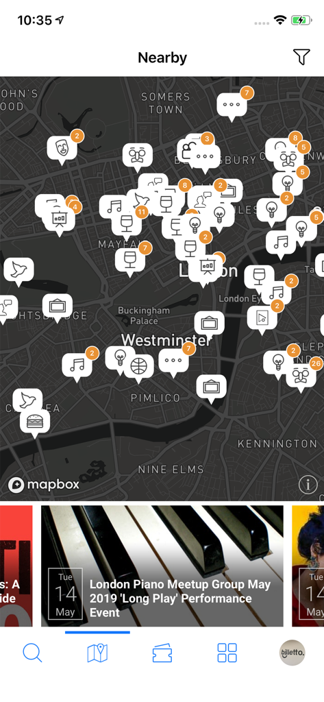Aplicativo móvel Billetto mostrando um mapa interativo com marcadores de eventos locais em Londres.