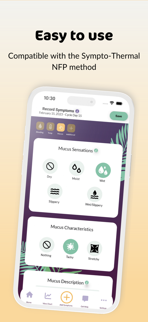 Interface of the PeakDay app showing how to record cervical mucus sensations and characteristics for the Sympto-Thermal NFP method.