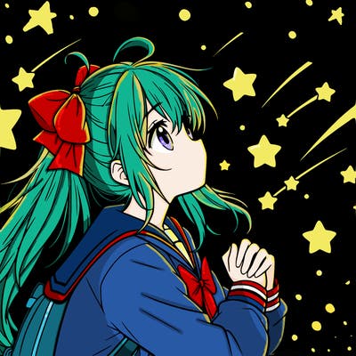 anime girl, looking at shooting stars